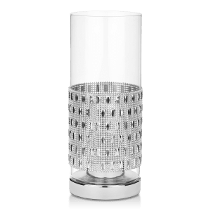 Lampe de table cylindrique en verre avec embellissements métallisés
