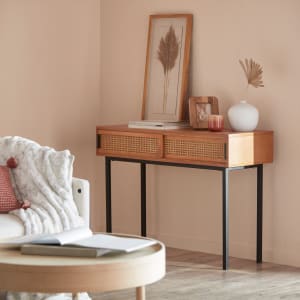 Cane & Natural Wood Console Table