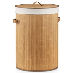 Round Bamboo Hamper with Lining and Faux Leather Handles