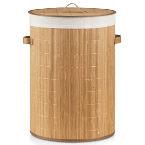 Round Bamboo Hamper with Lining and Faux Leather Handles