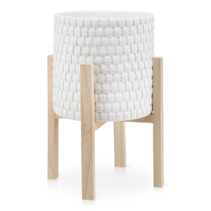 White Rattan Style Planter on Wooden Stand