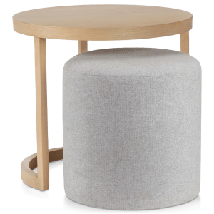 Natural Wood Side Table with Grey Fabric Ottoman