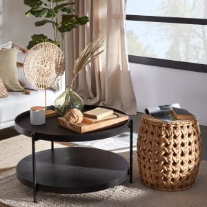Woven Side Table with Wooden Top