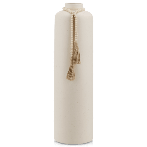 Vase de sol en céramique blanche avec glands en perles de bois