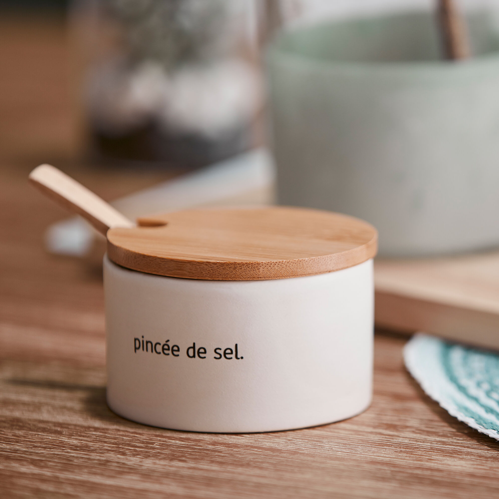 Ceramic Salt Jar with Bamboo Lid and Spoon
