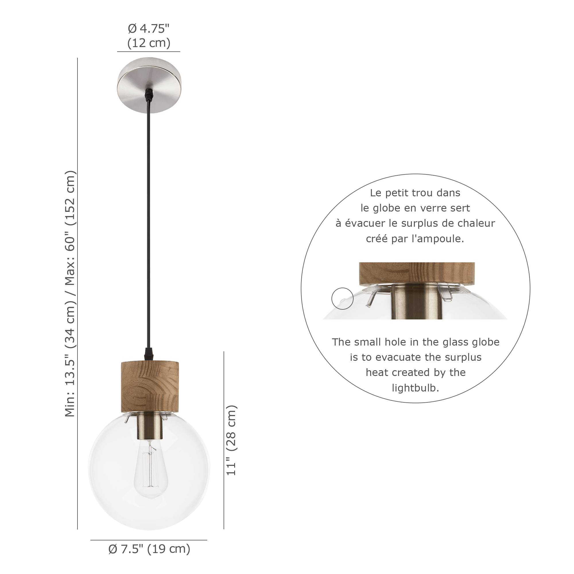 Lampe suspendue circulaire en verre et bois