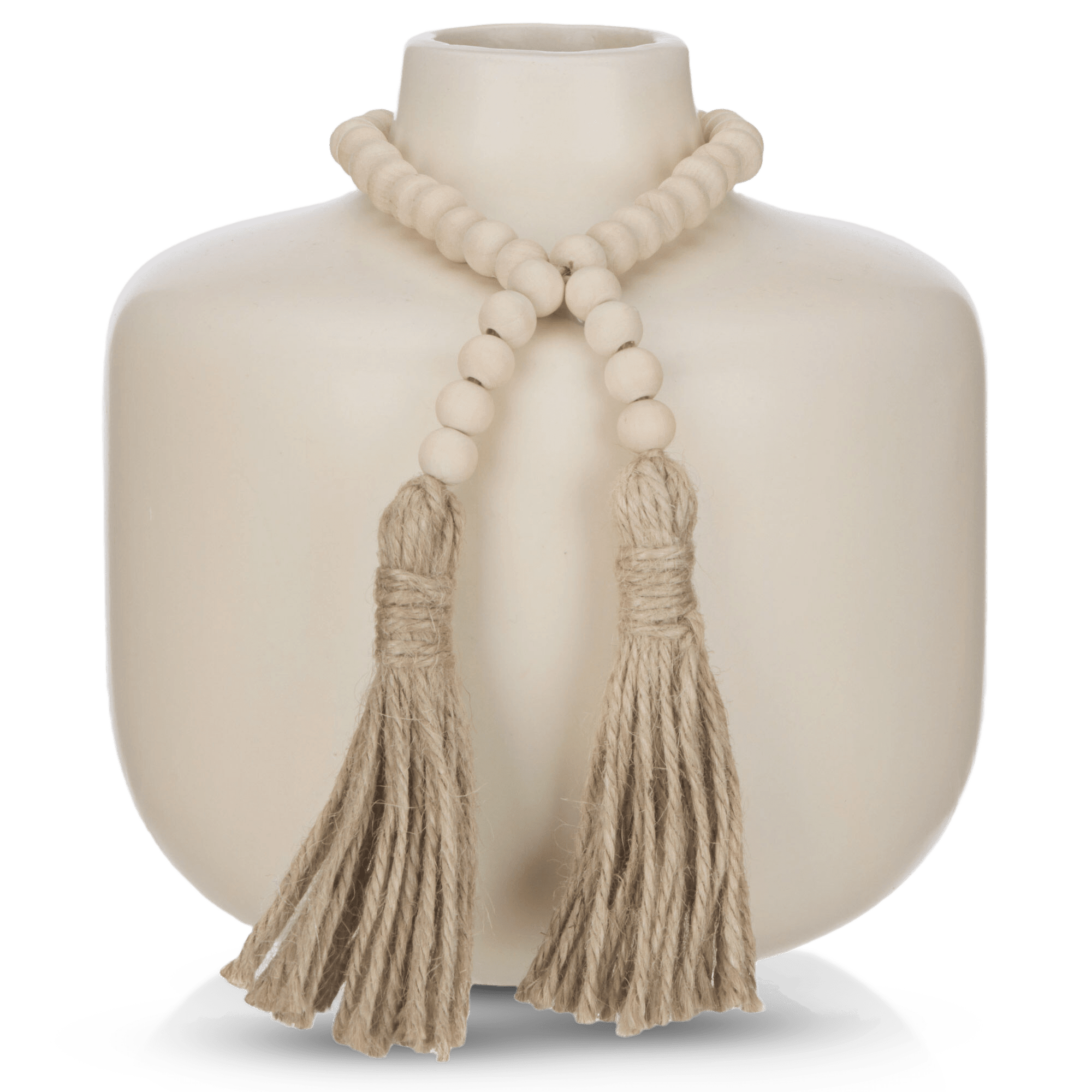 Natural Ceramic Vase with Wood Pearls and Tassels