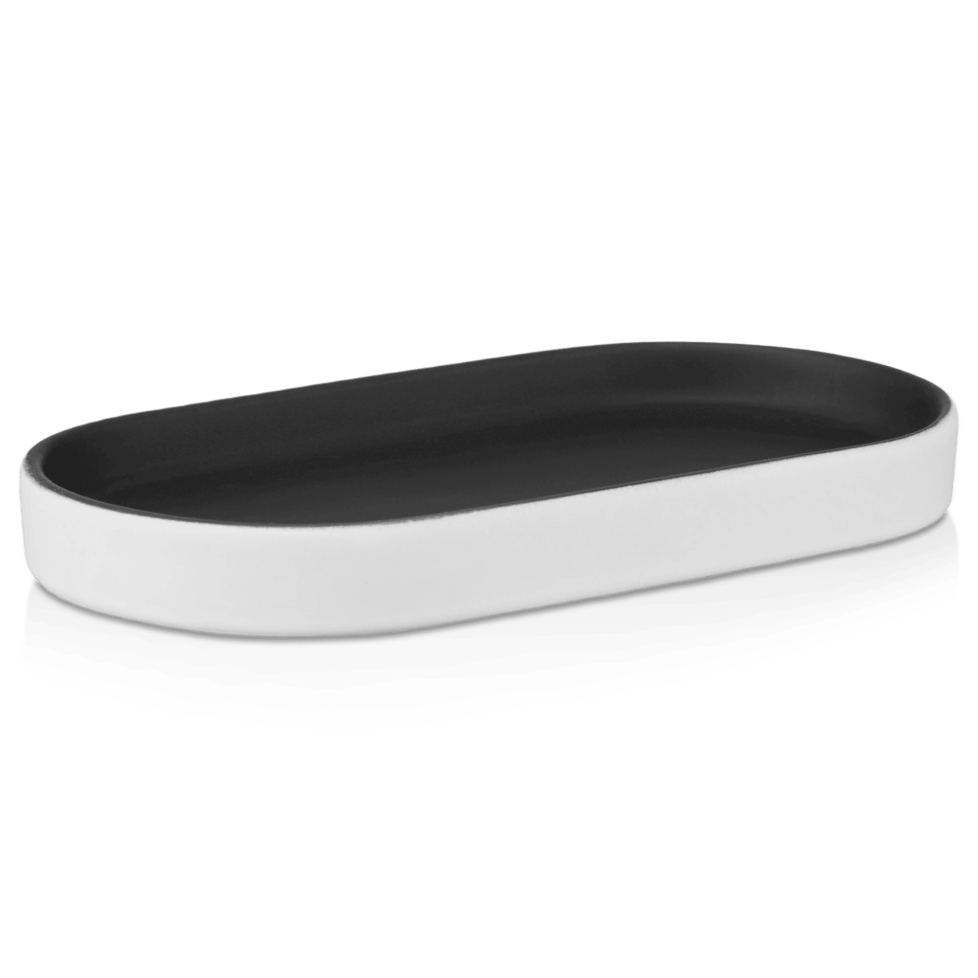 Plateau oval en céramique noire et blanche avec fini en caoutchouc