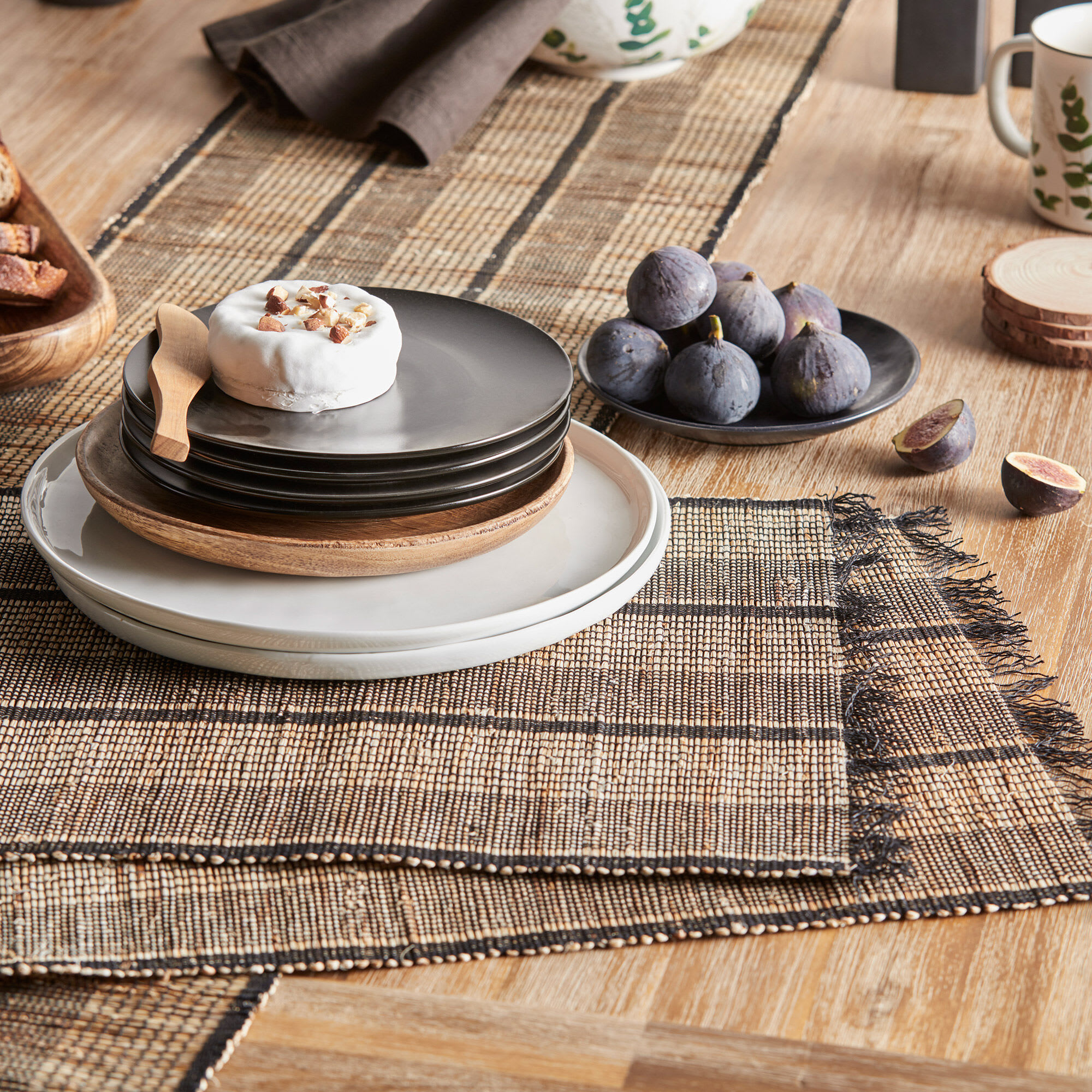 Natural Table Runner with Black Stitched Lines