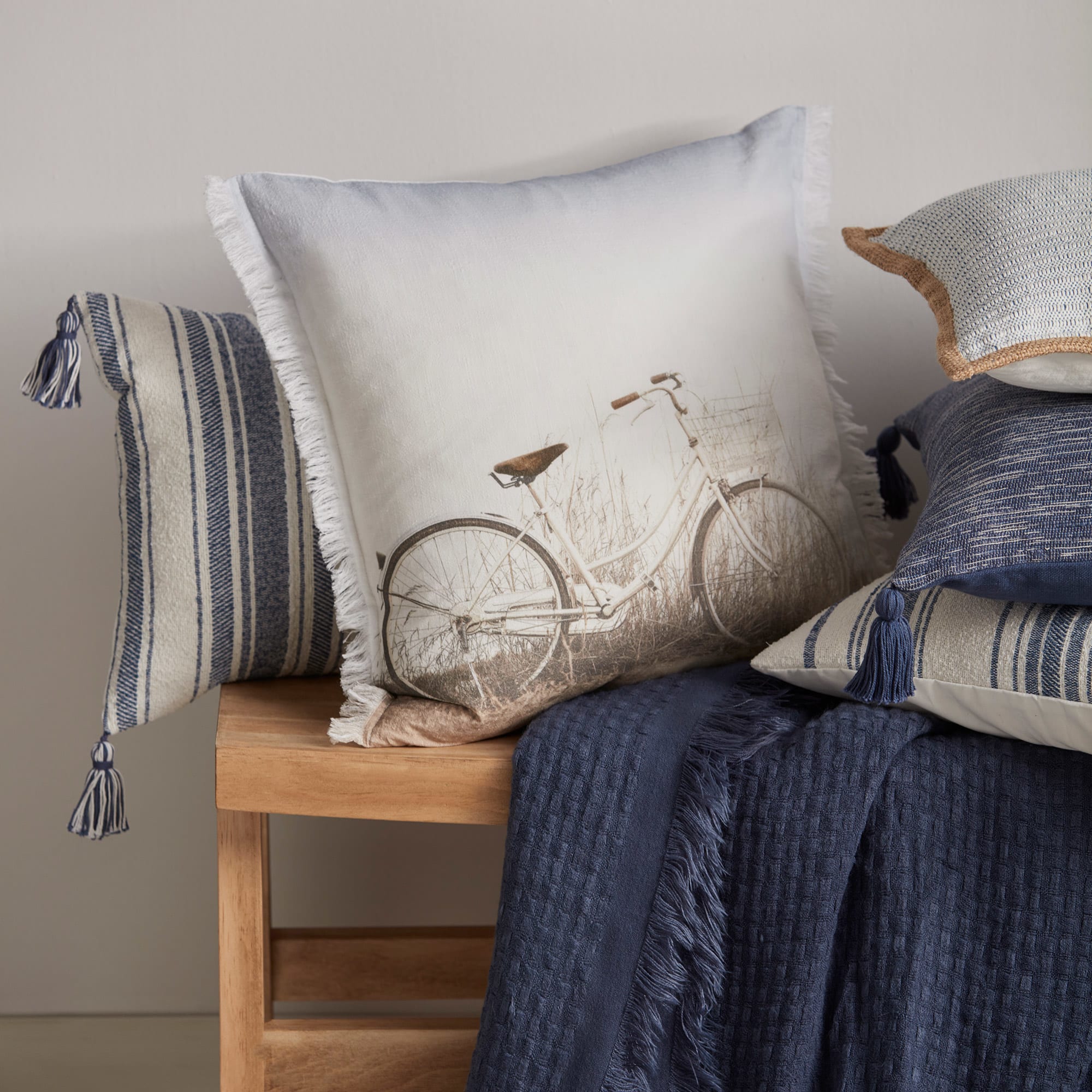 Caitlyn Striped Beige & Blue Decorative Lumbar Pillow 